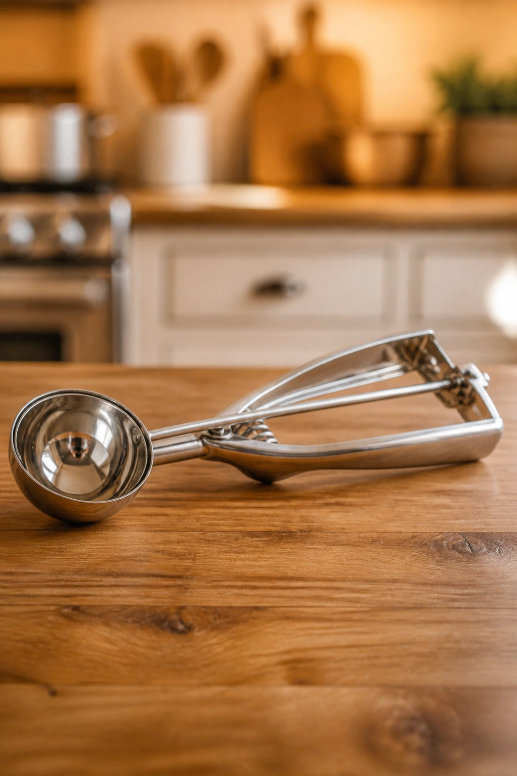 Shiny cookie scoop on wooden counter