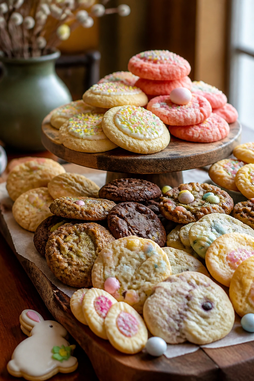 Serving board with assorted Easter cookies in a multi-height display