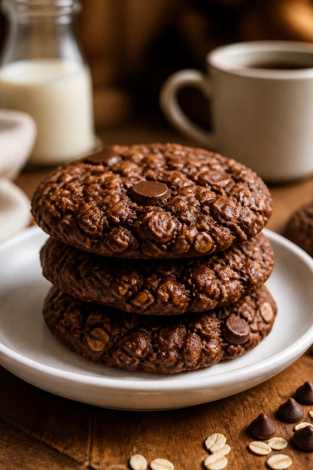 Three cookies on a plate with warm kitchen lighting