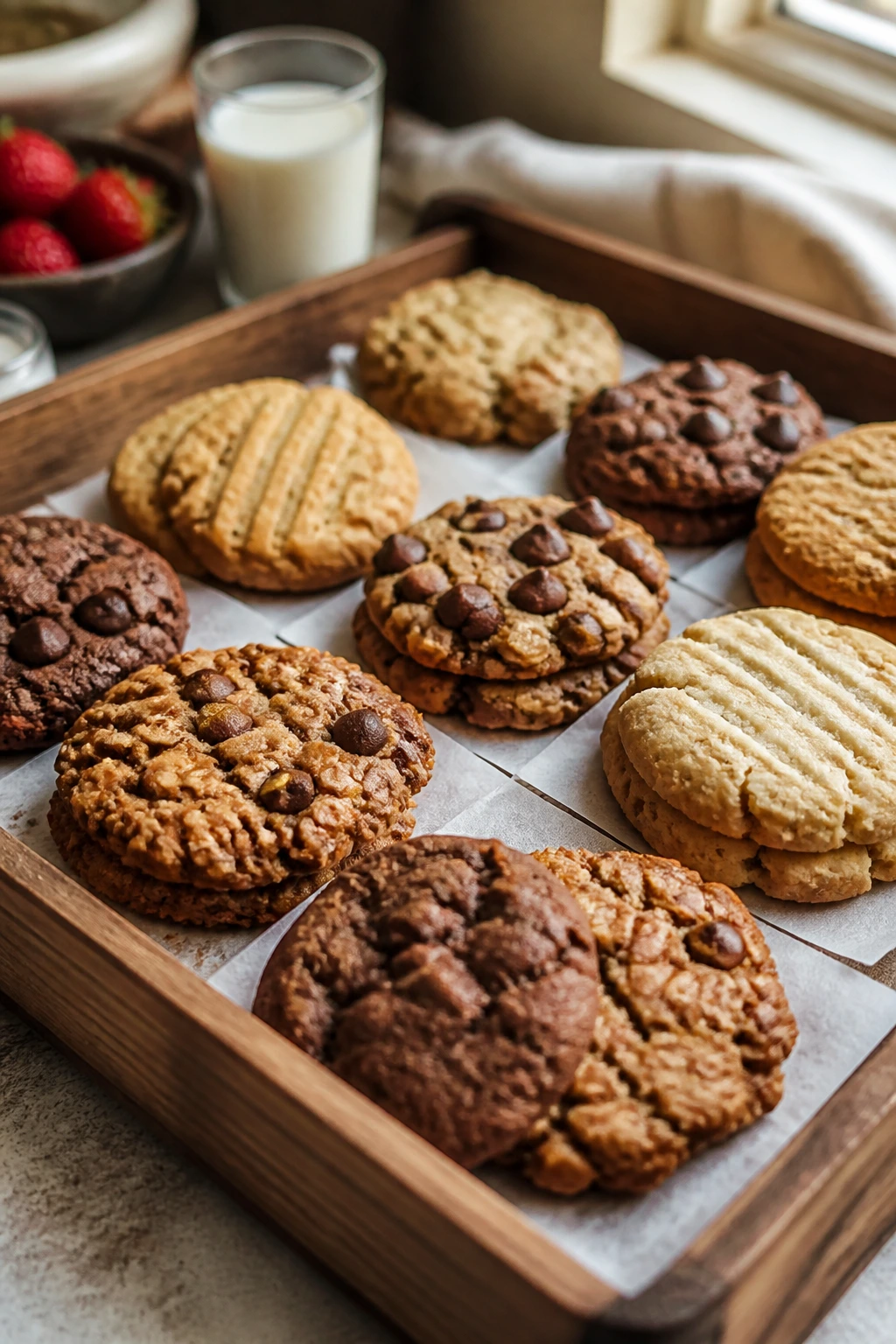Cookie tray with assorted cookies on parchment squares