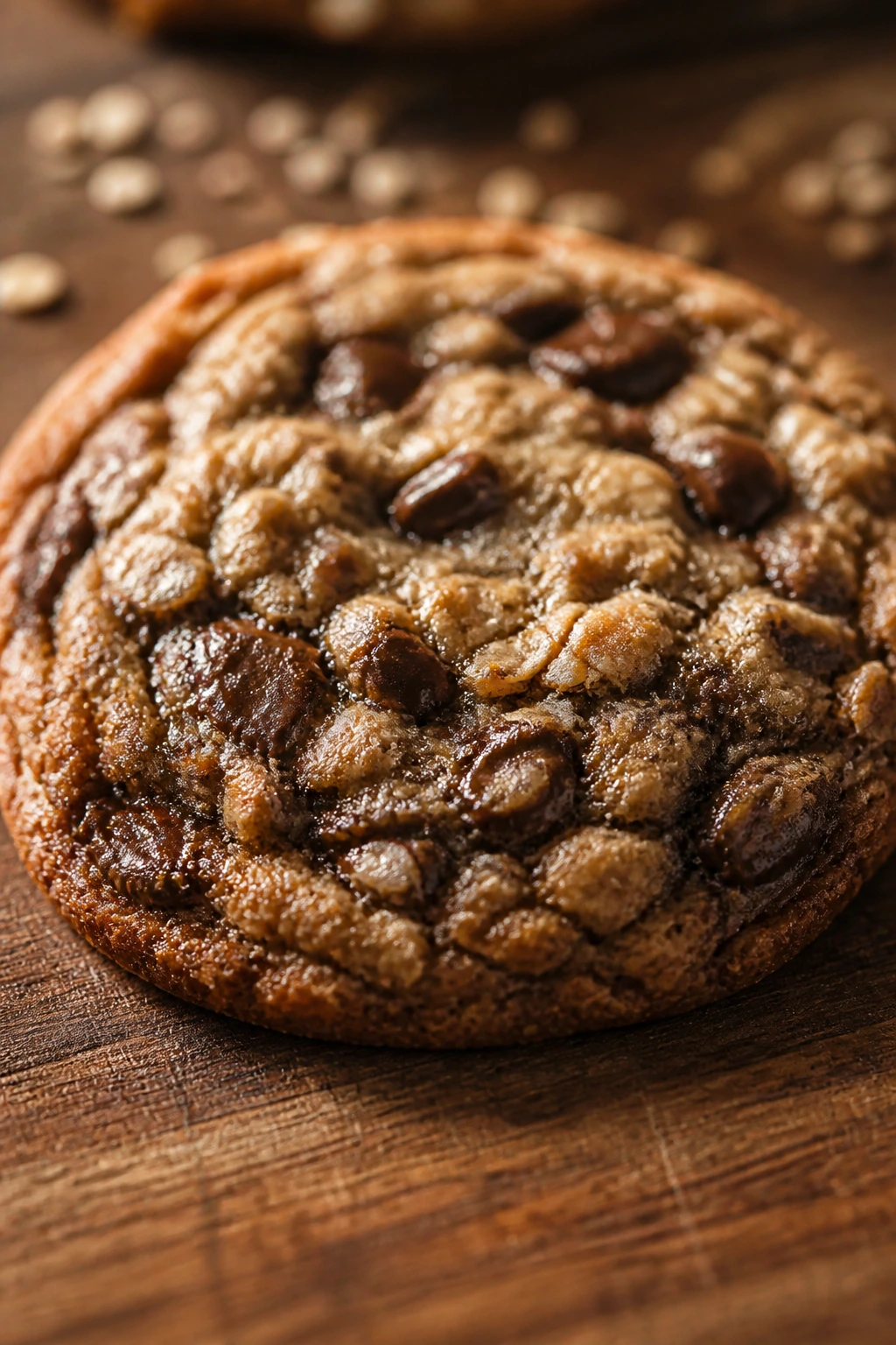 Close-up of oatmeal chocolate cookie showing sturdy shape and chewy interior