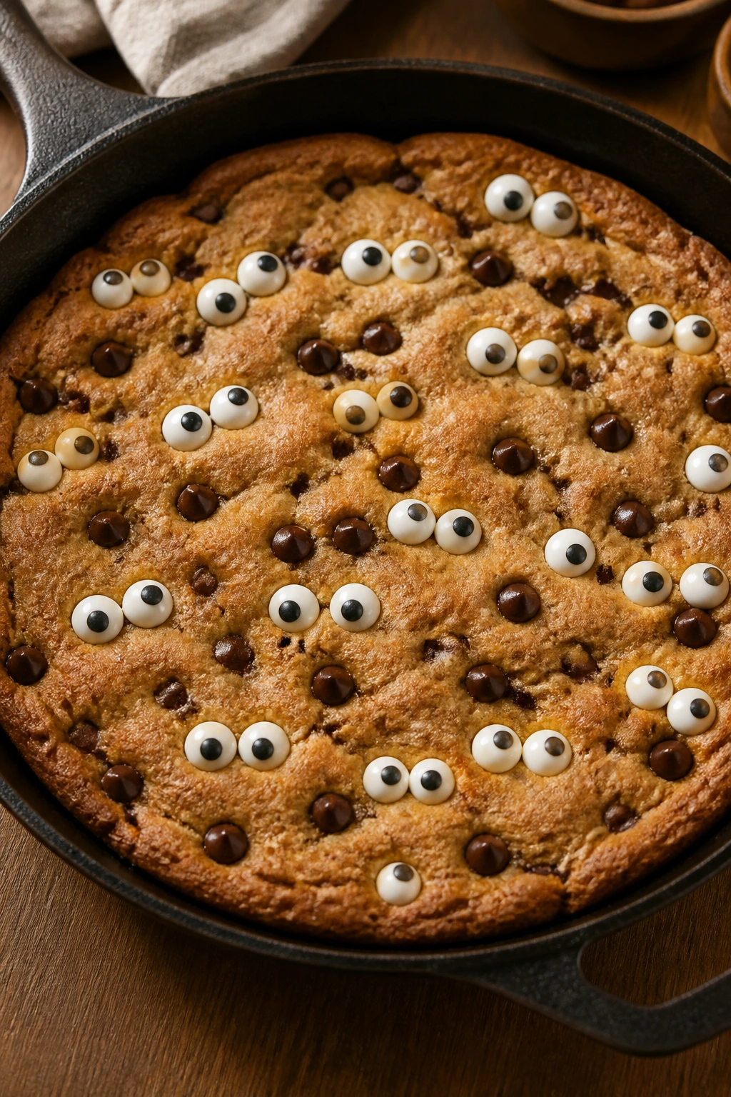 Cast-iron skillet filled with gooey chocolate chip cookie topped with candy eyes.