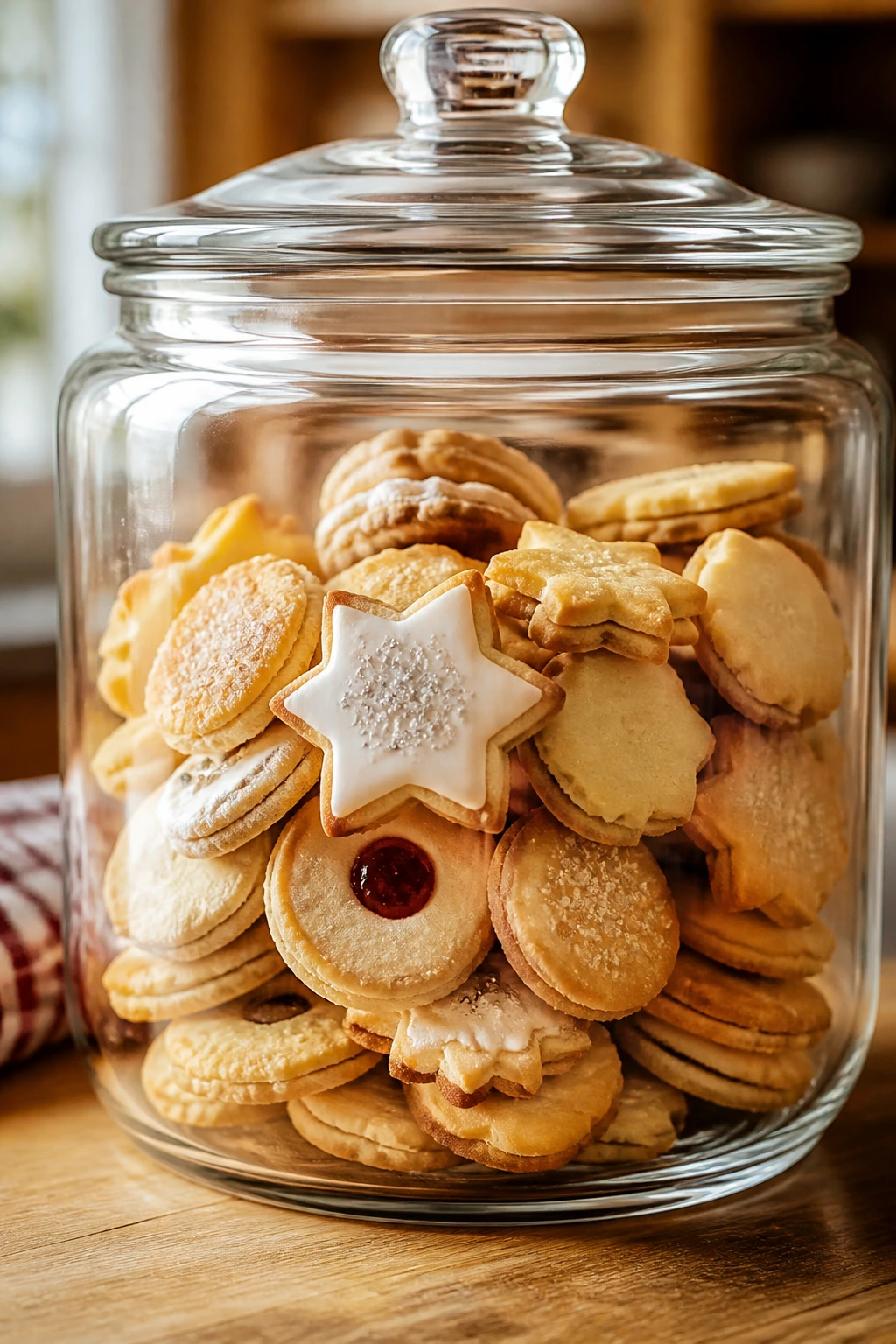 Airtight glass jar filled with cookies on a wooden counter.