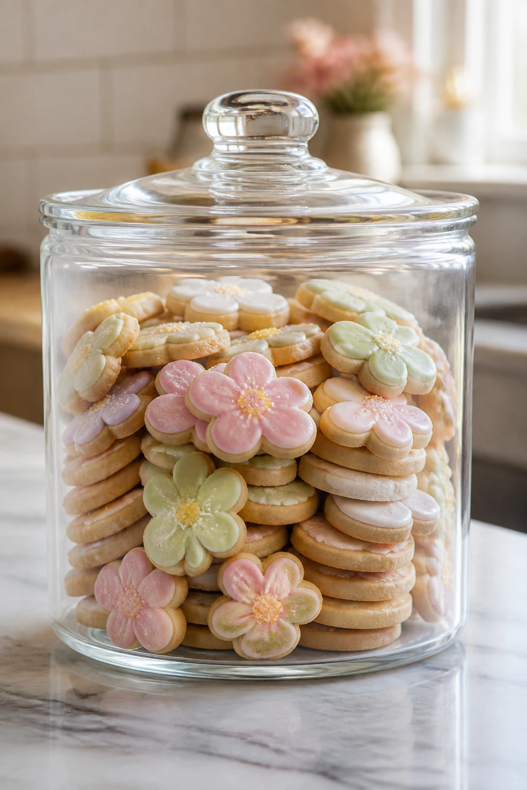Glass container with butter cookies on a counter