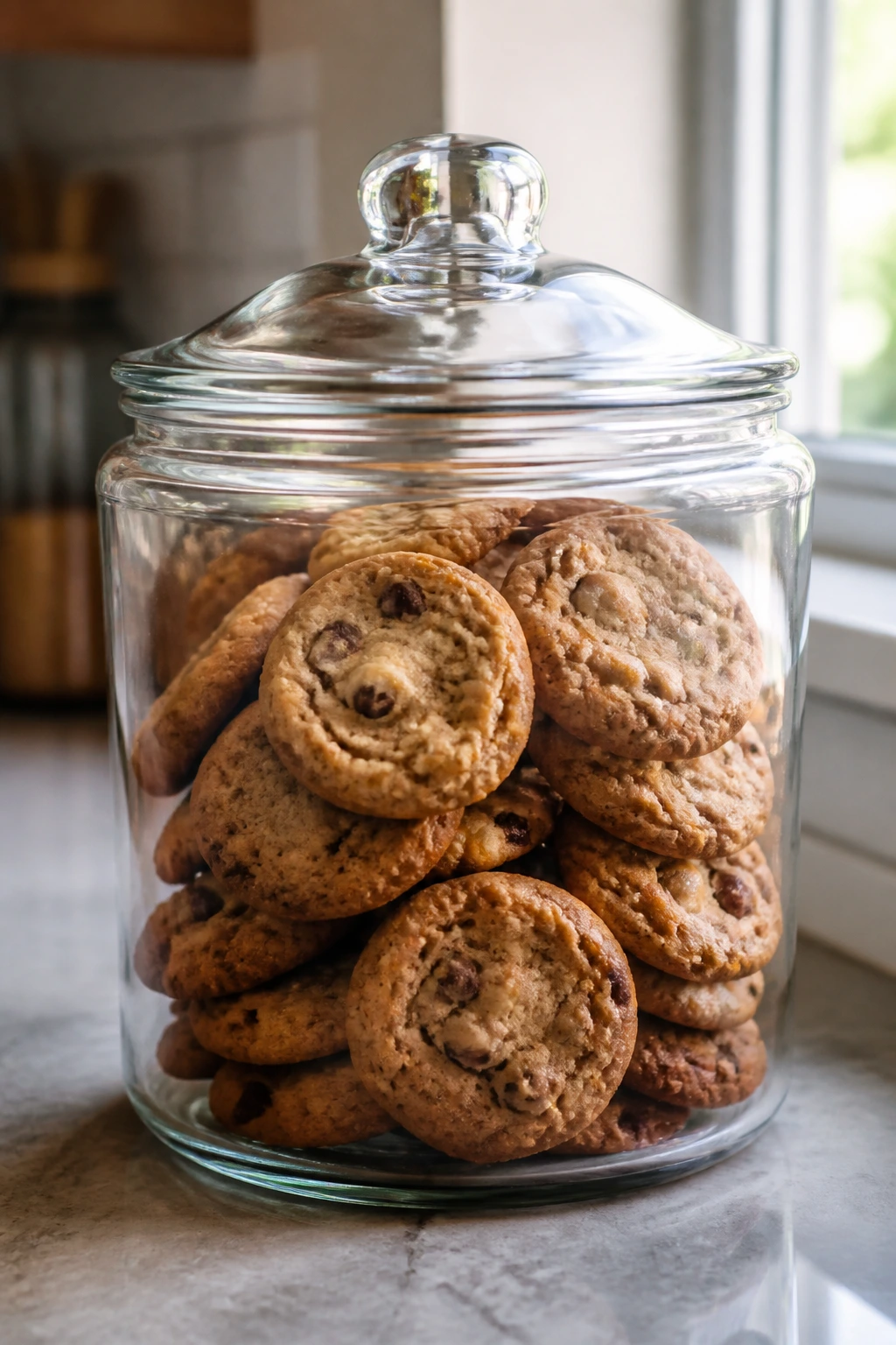 Glass jar filled with cookies on a kitchen counter