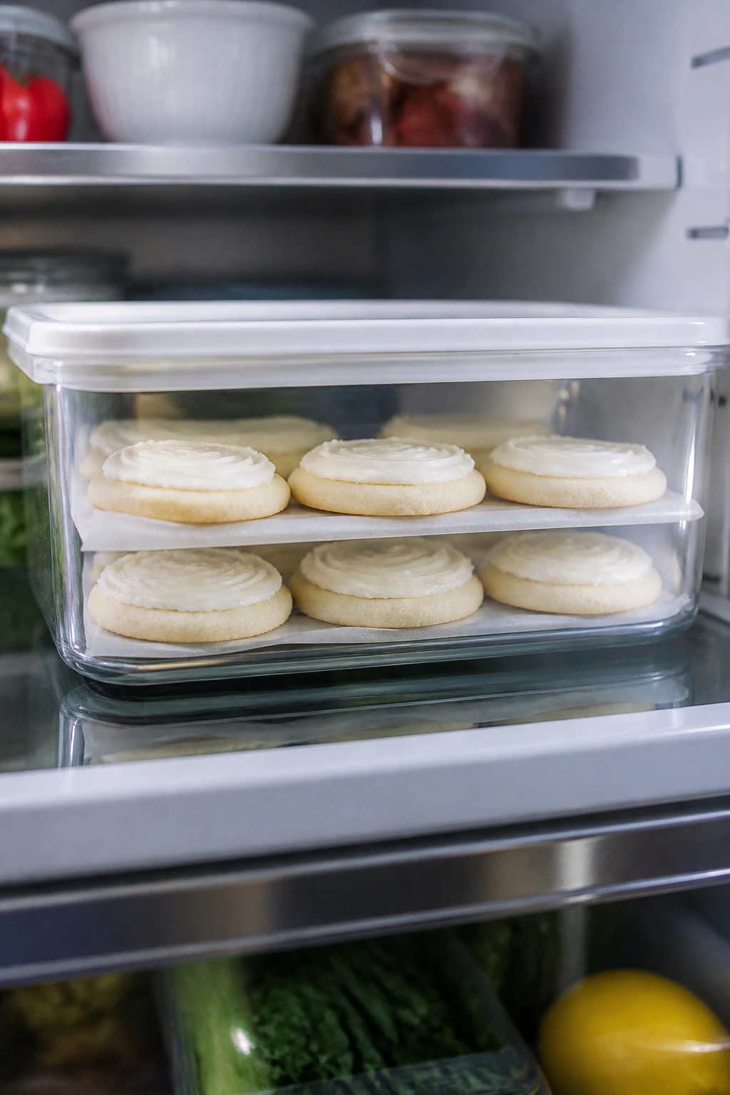 Frosted cookies stored in a clear container in the fridge