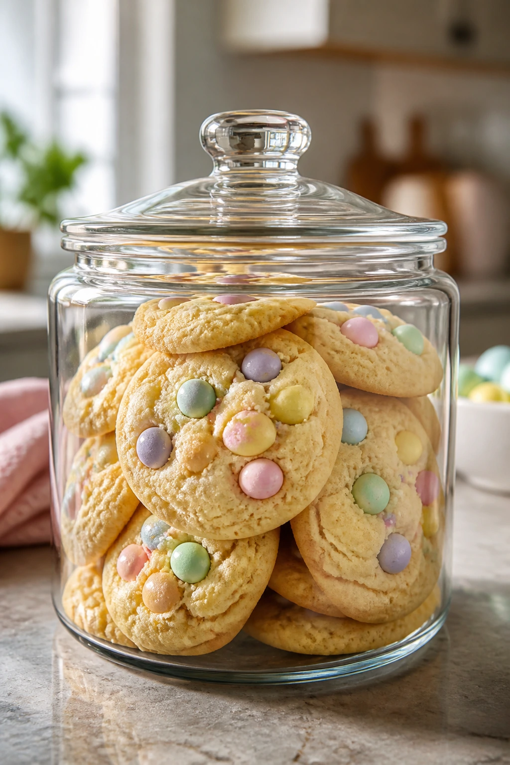 Glass cookie jar filled with soft Easter cookies on counter