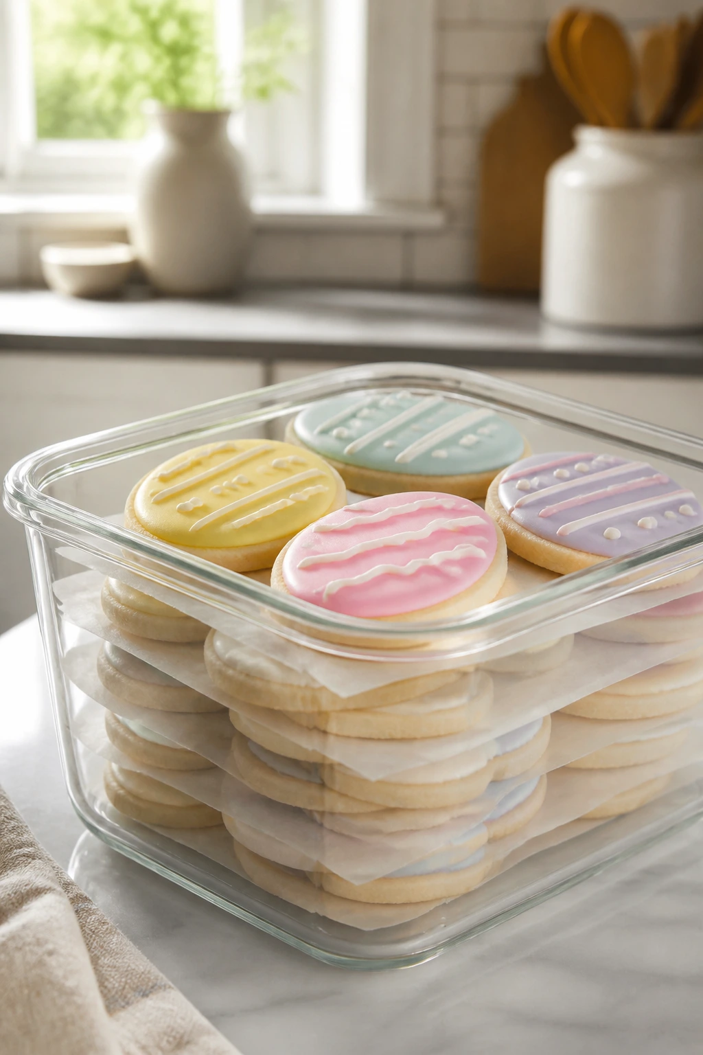 Airtight container with stacked egg-shaped cookies showing make-ahead storage