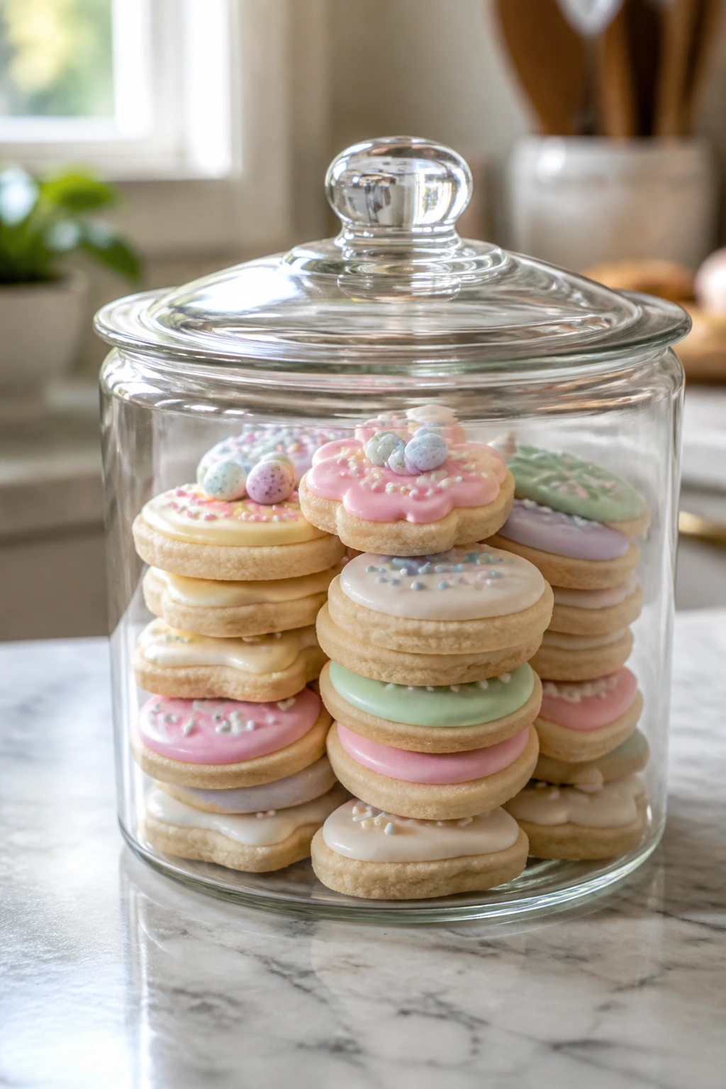 Airtight canister filled with cookies on kitchen counter