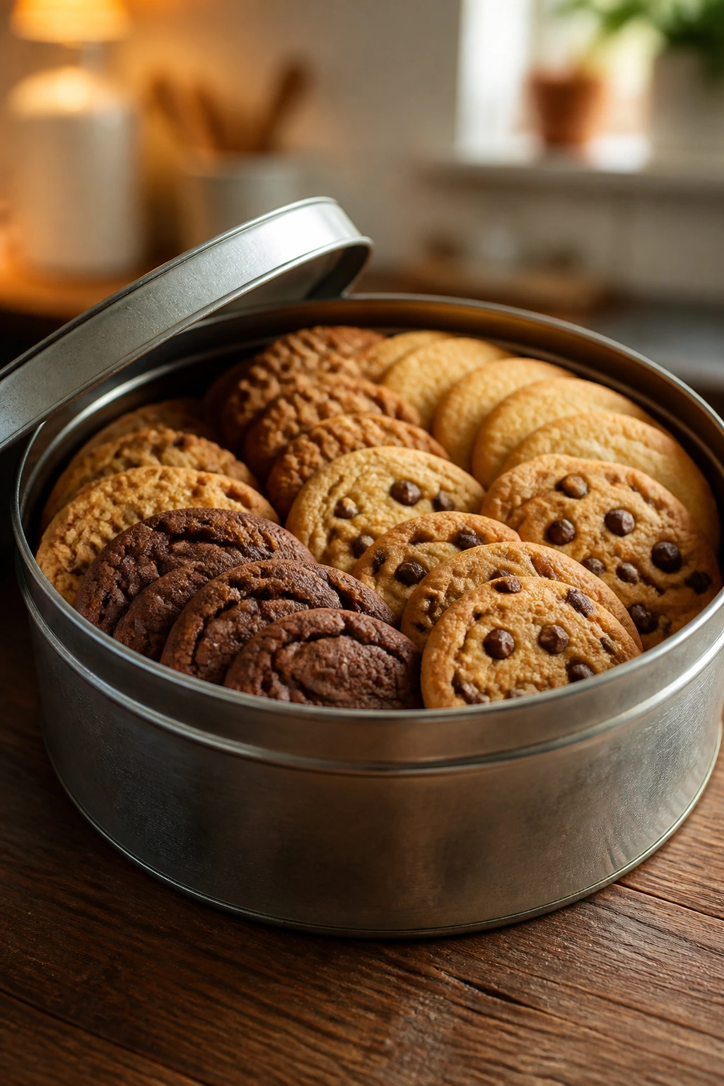 Open plain metal cookie tin with cookies visible on a wooden surface