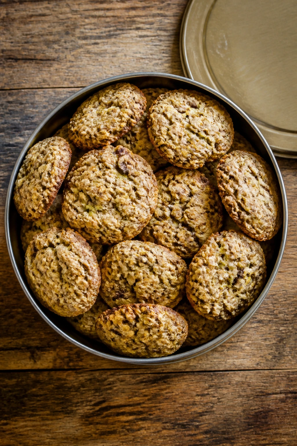 Open tin filled with zucchini oatmeal cookies on a wooden surface