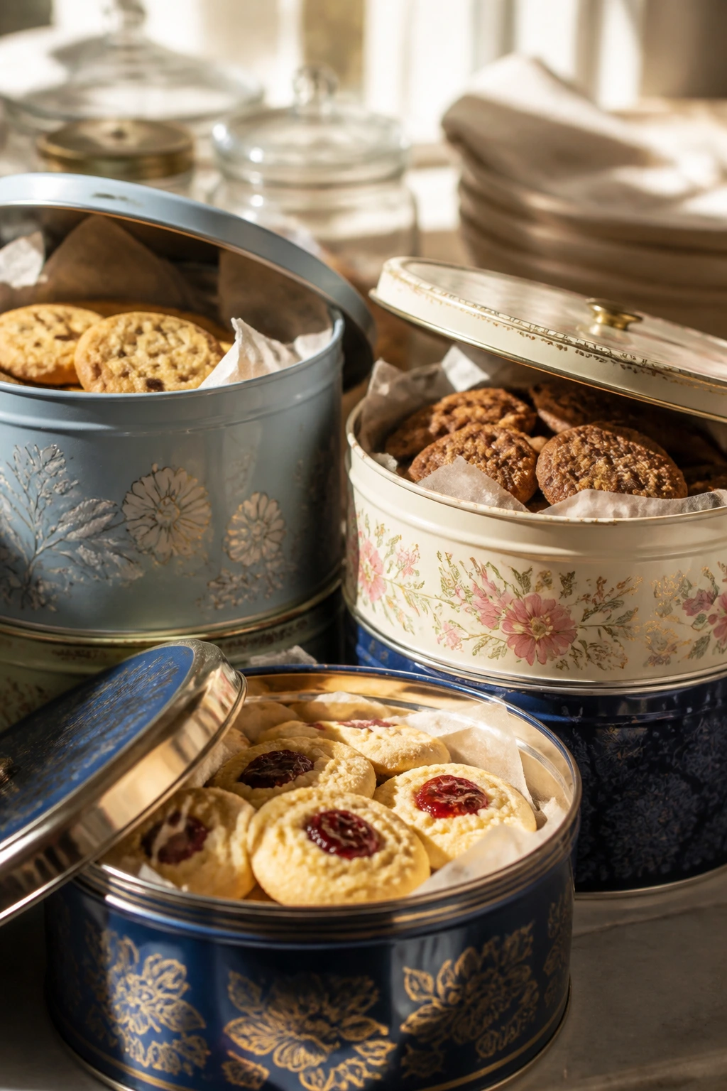 Stacked airtight tins with cookies visible inside