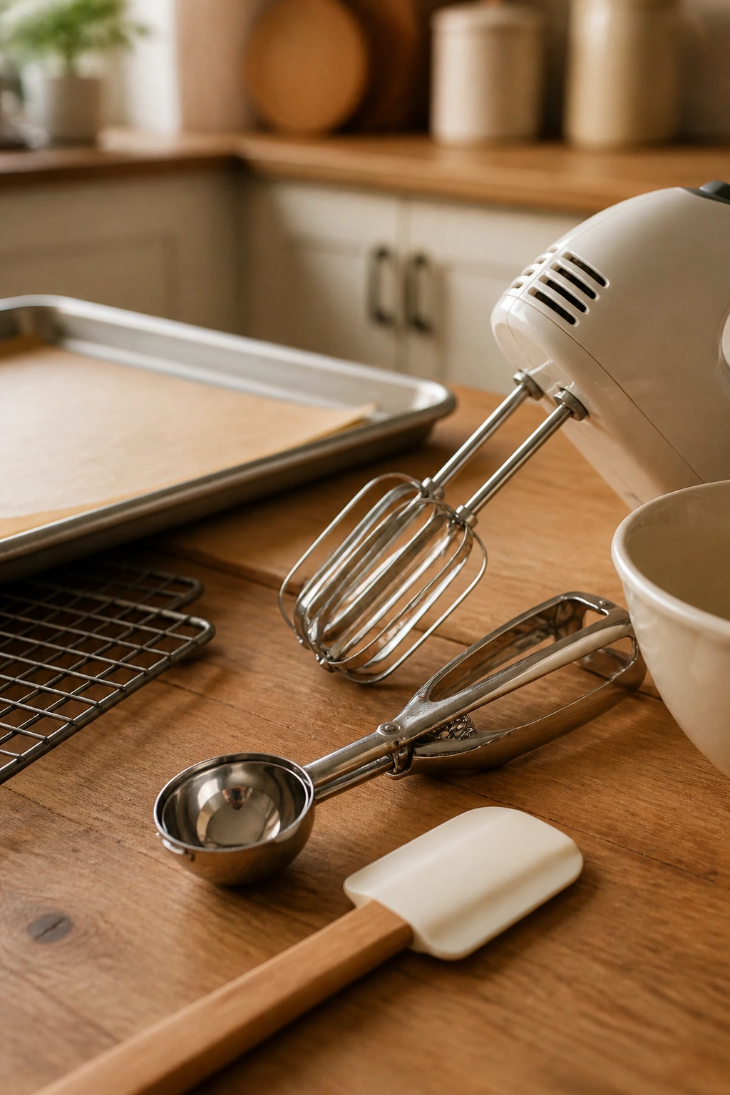 Close-up of essential cookie-baking tools on a kitchen counter