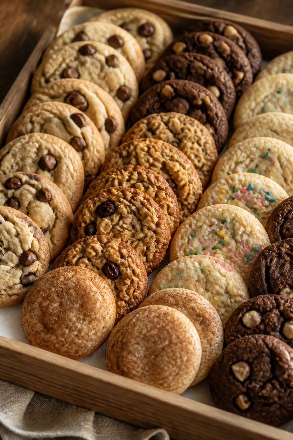 Assorted cookies on a tray arranged for serving