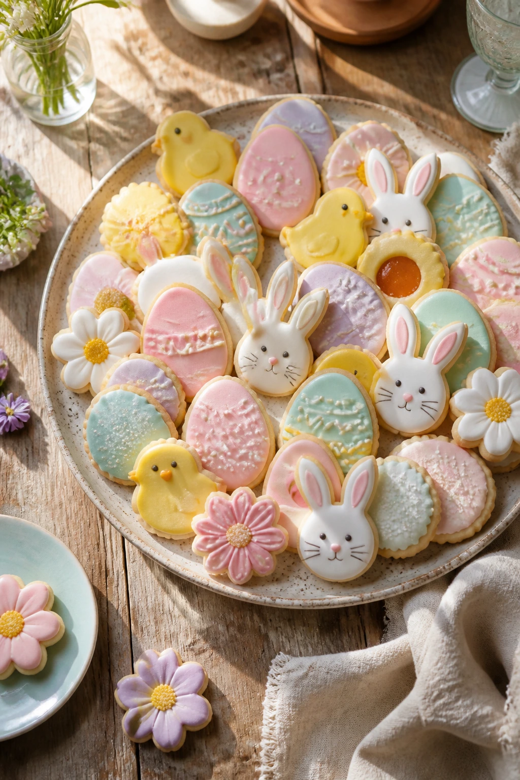 Top-down cookie platter with pastel Easter cookies