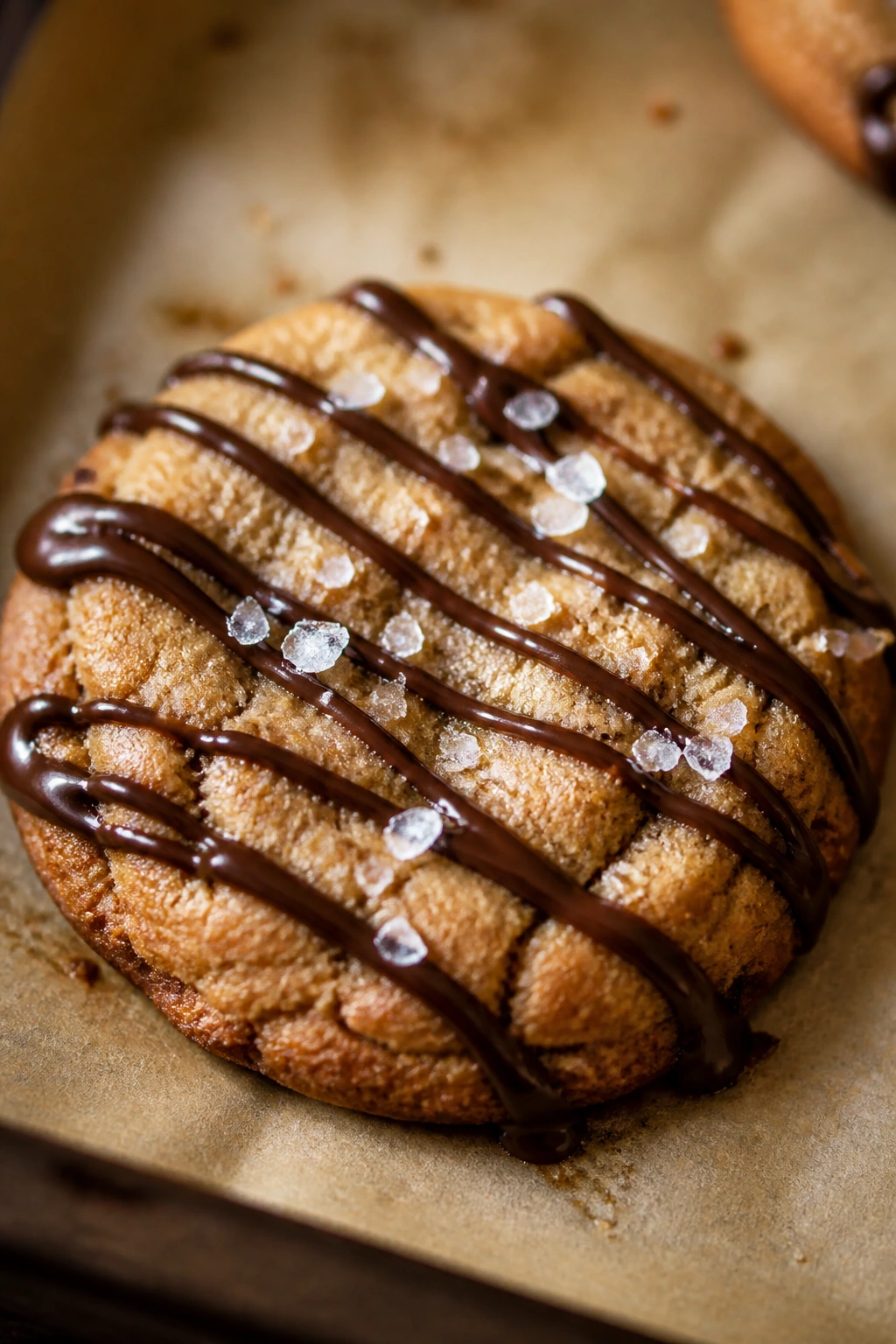 Cookie with flaky salt and chocolate drizzle close-up