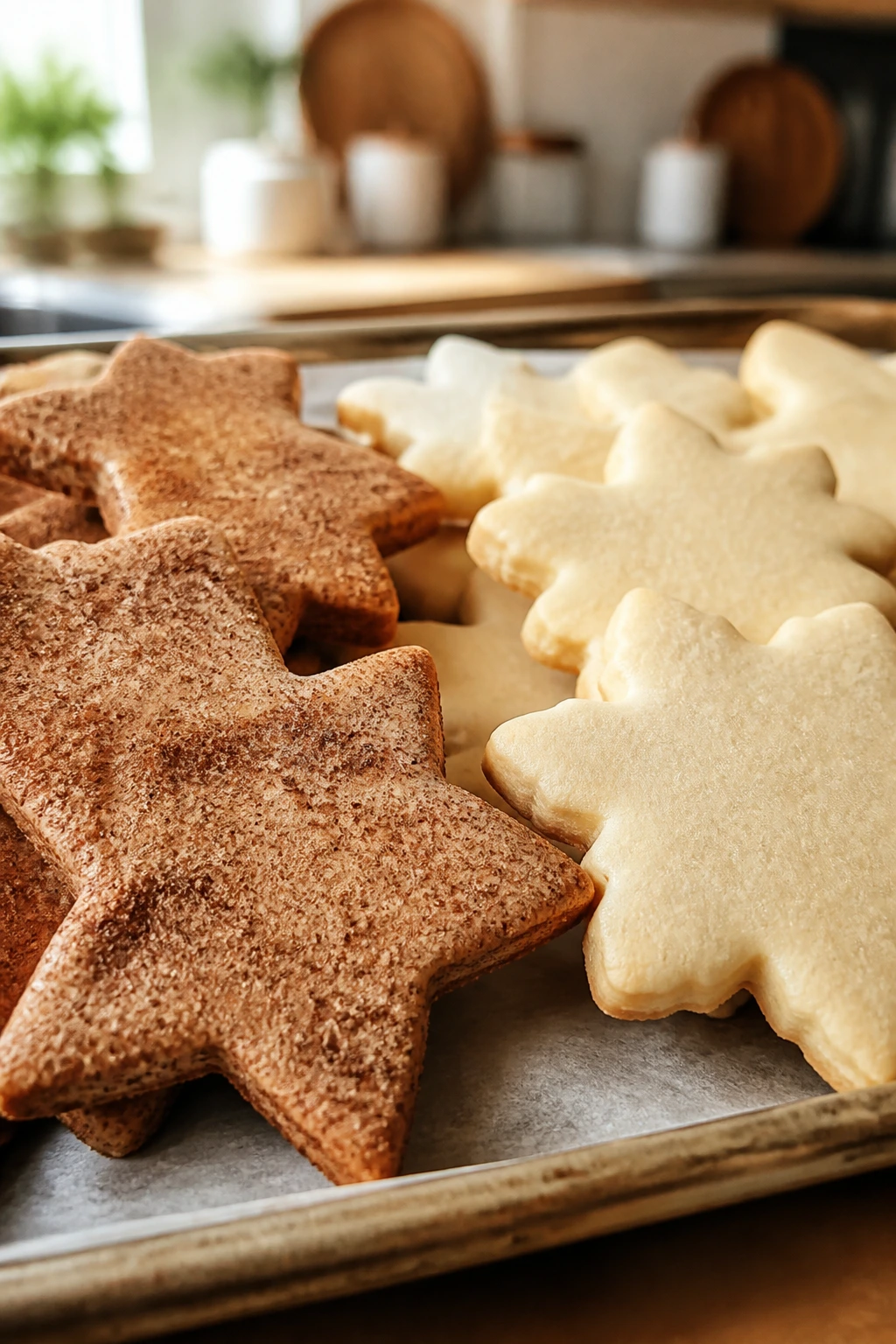 Two variations of cookies on parchment on a baking sheet.