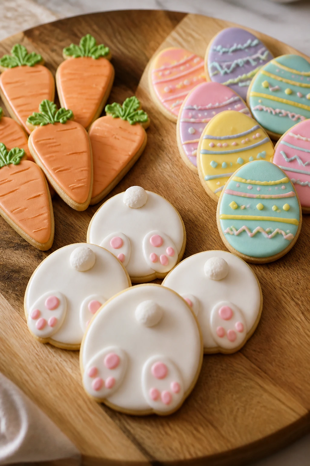 Three varieties of Easter cookies on a board