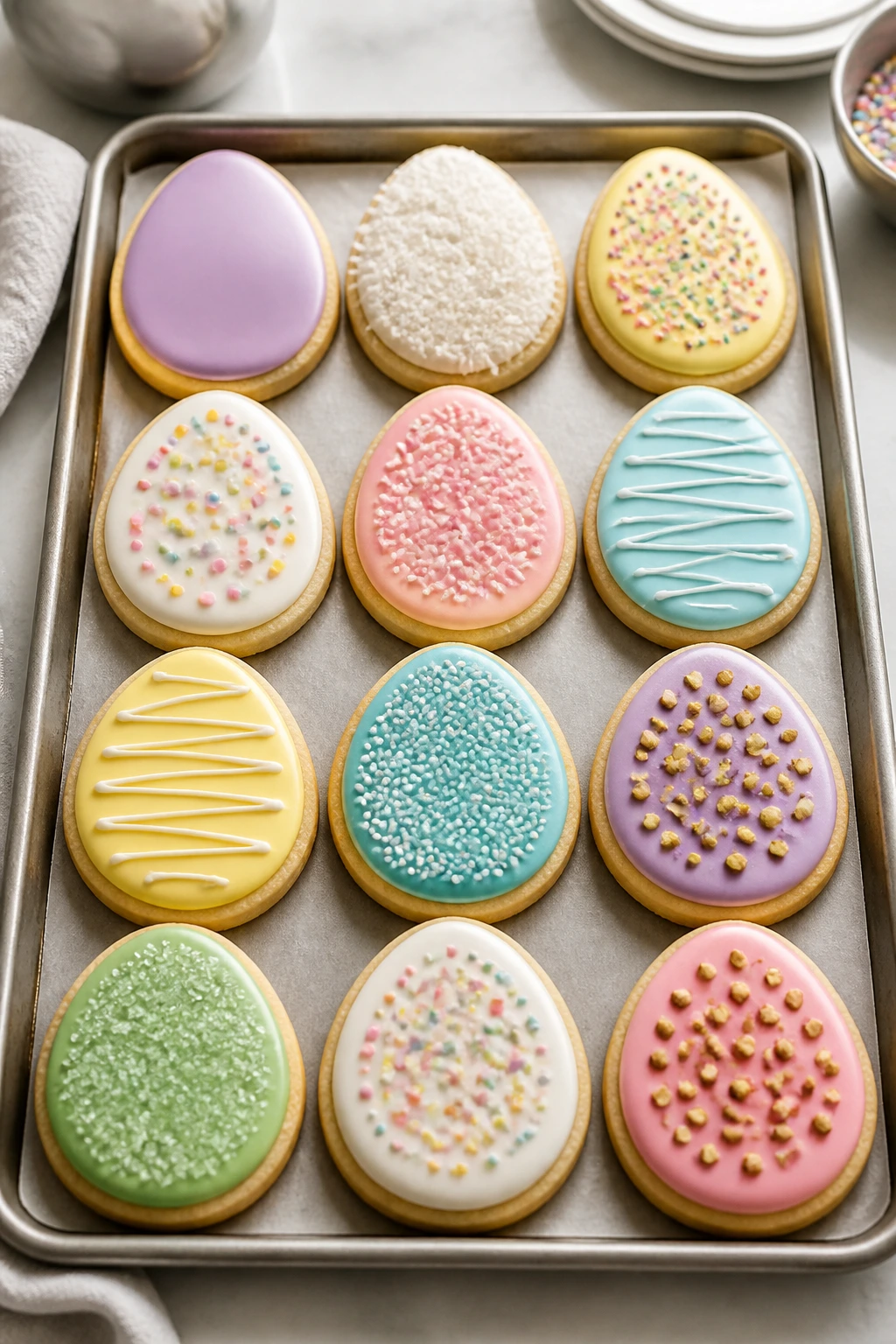 Sheet pan with egg-shaped cookies in various glazes showing variations