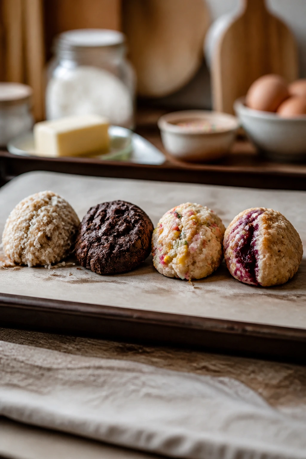 Assorted cookie variations on parchment-lined sheet in a warm kitchen