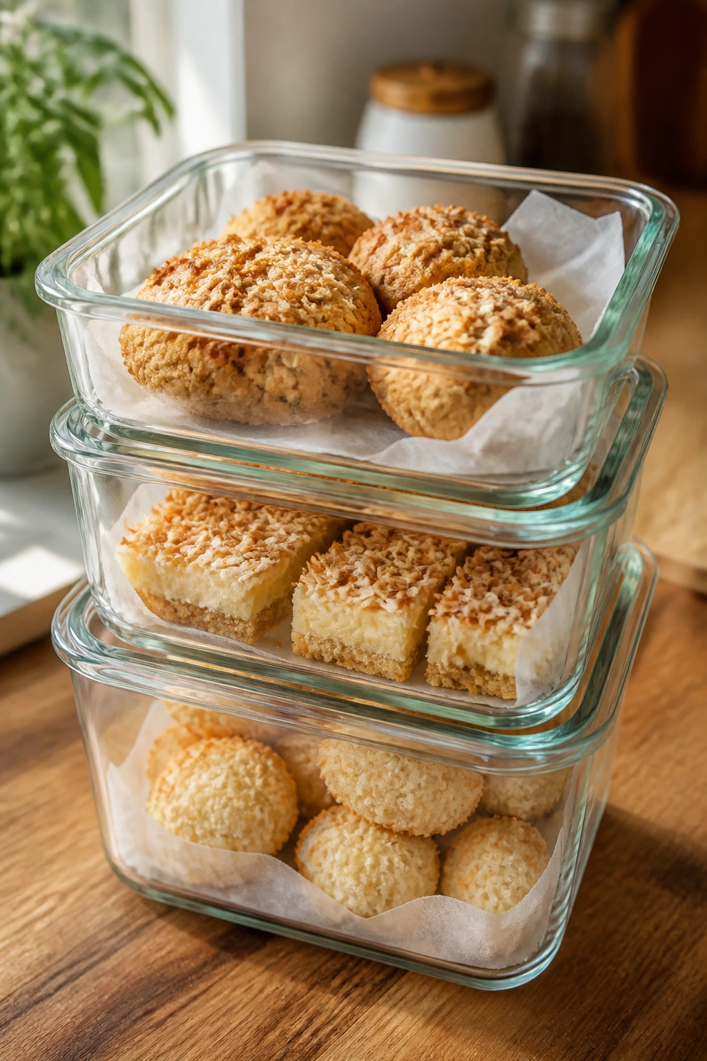 Stacked airtight glass containers with cookies and bars on a kitchen counter