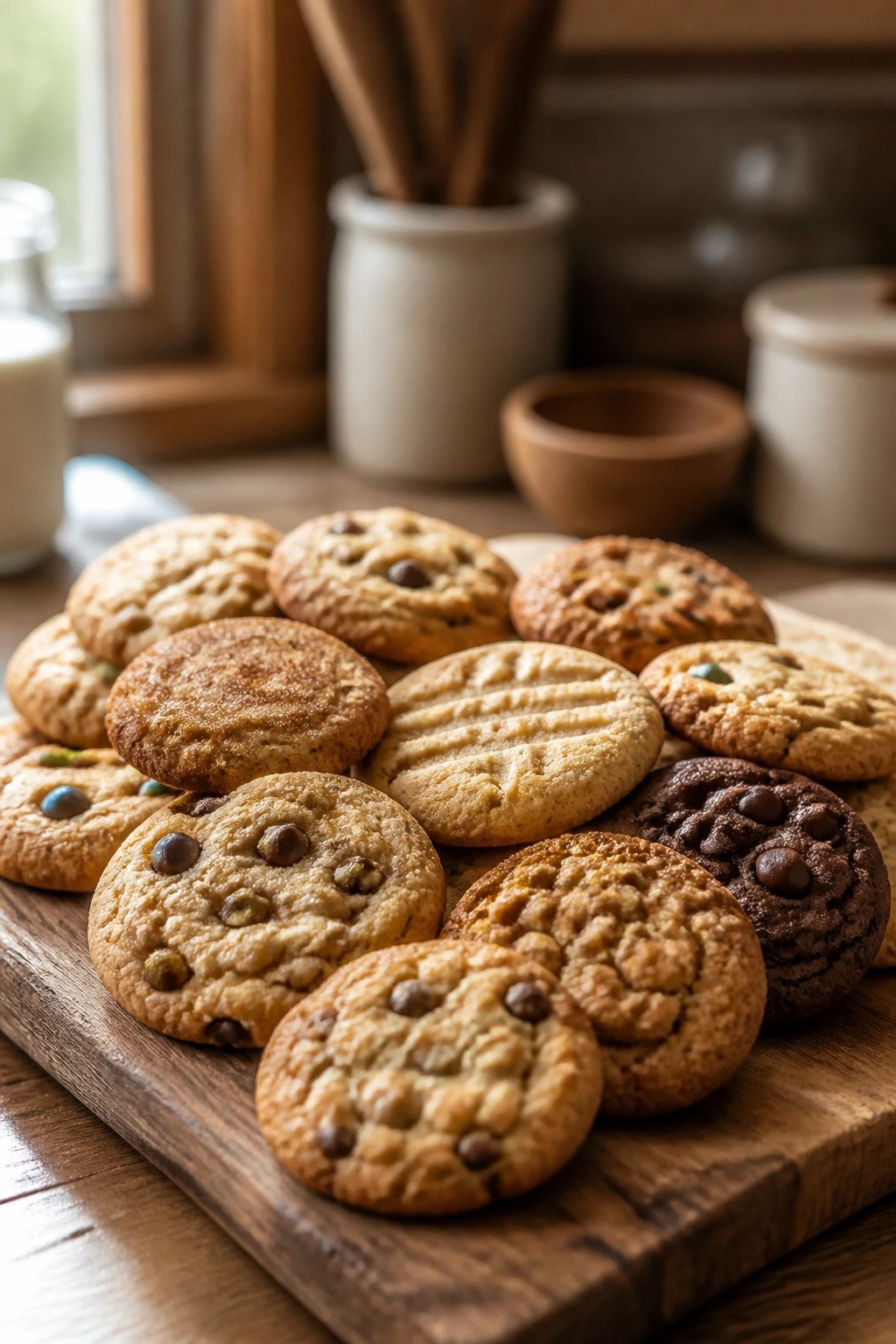 Close-up of cookies on a wooden board in a warm kitchen, beginner-friendly baking cues.