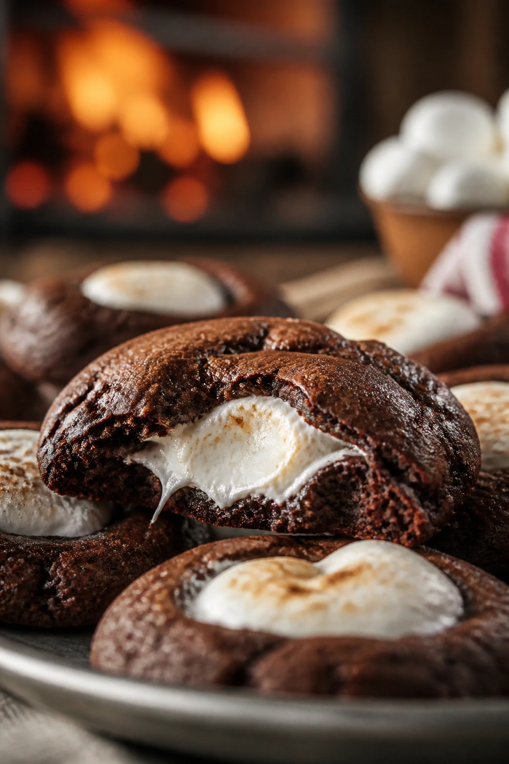 Gooey marshmallow-filled cocoa cookie with a visible center