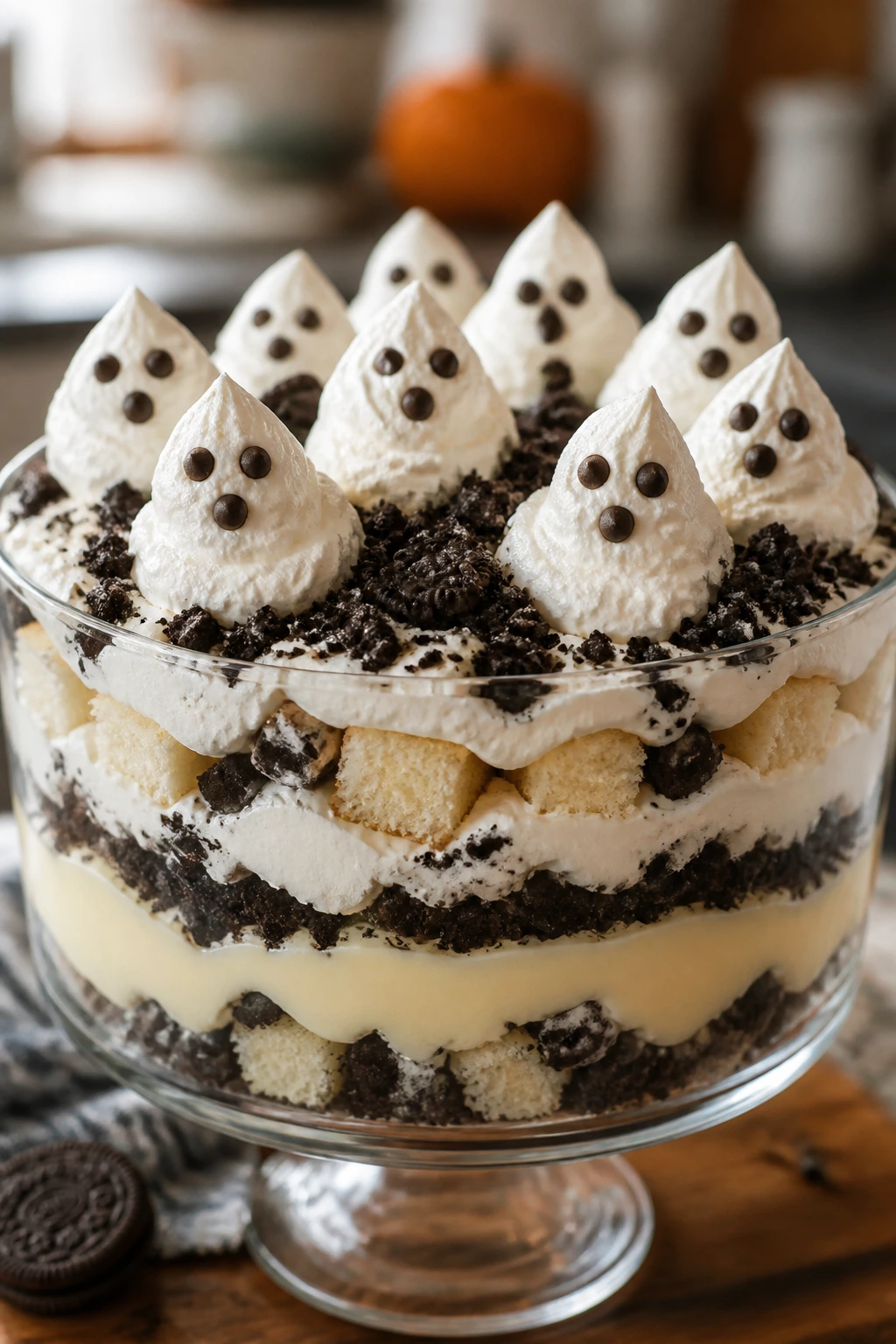 Close-up Cookies and Cream Ghost Trifle with Oreo layers and ghost shapes on top in a glass bowl