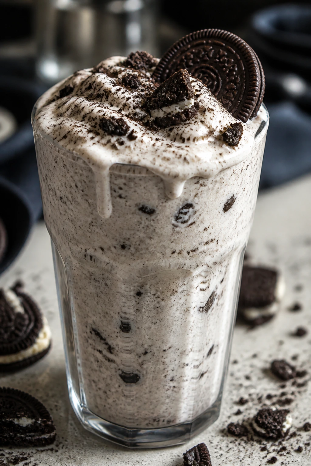 Cookies and cream smoothie with cookie flecks in glass