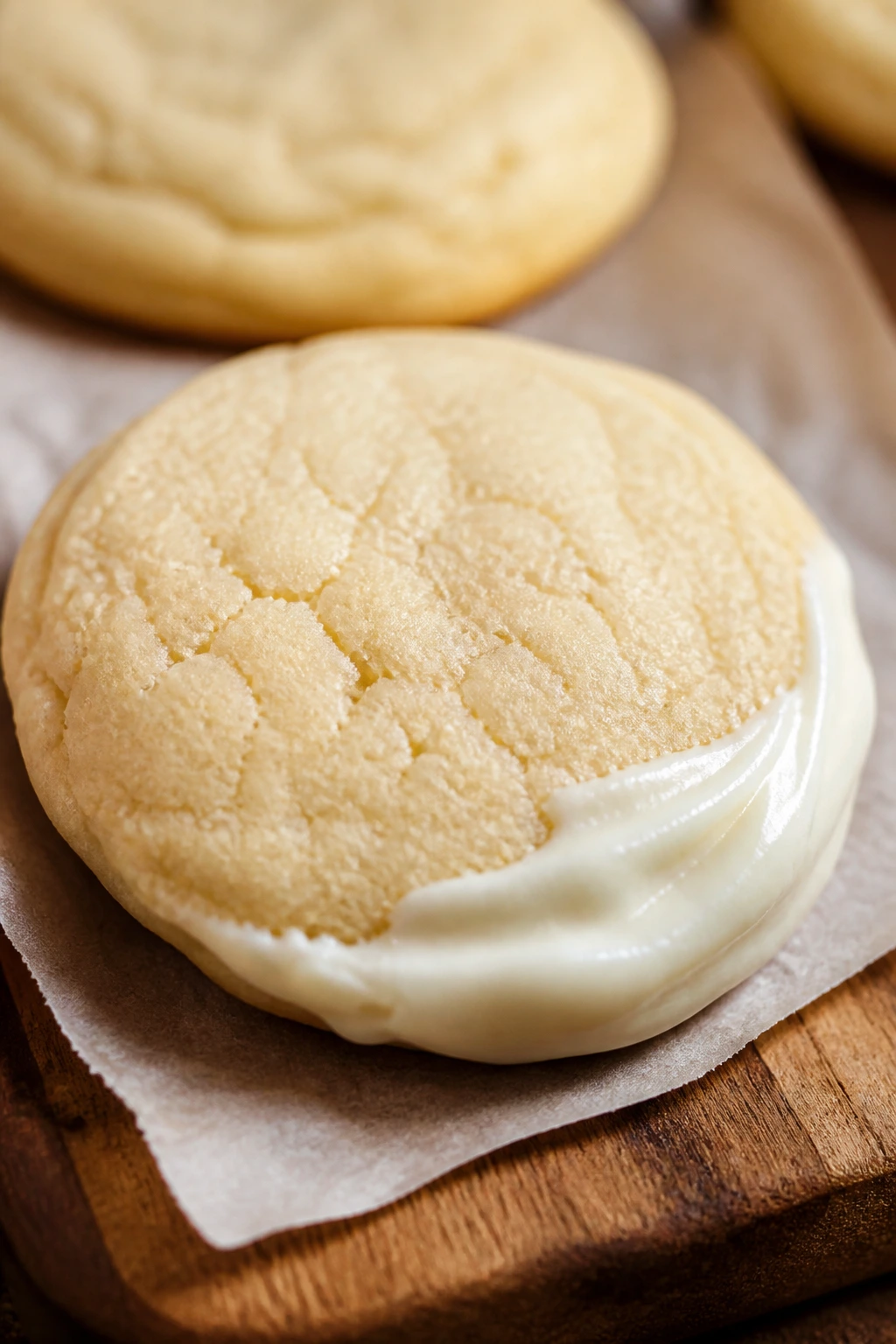 Close-up of pale fluffy cookie with cream cheese frosting on a wooden board