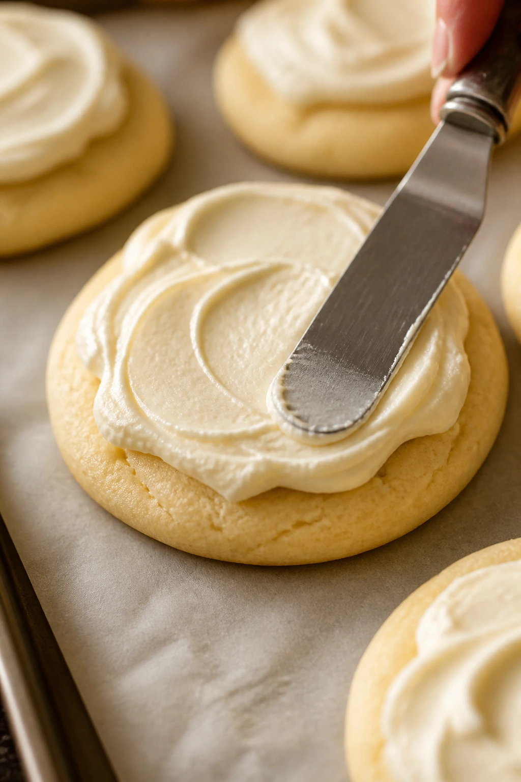Cookies on parchment being frosted with cream cheese frosting
