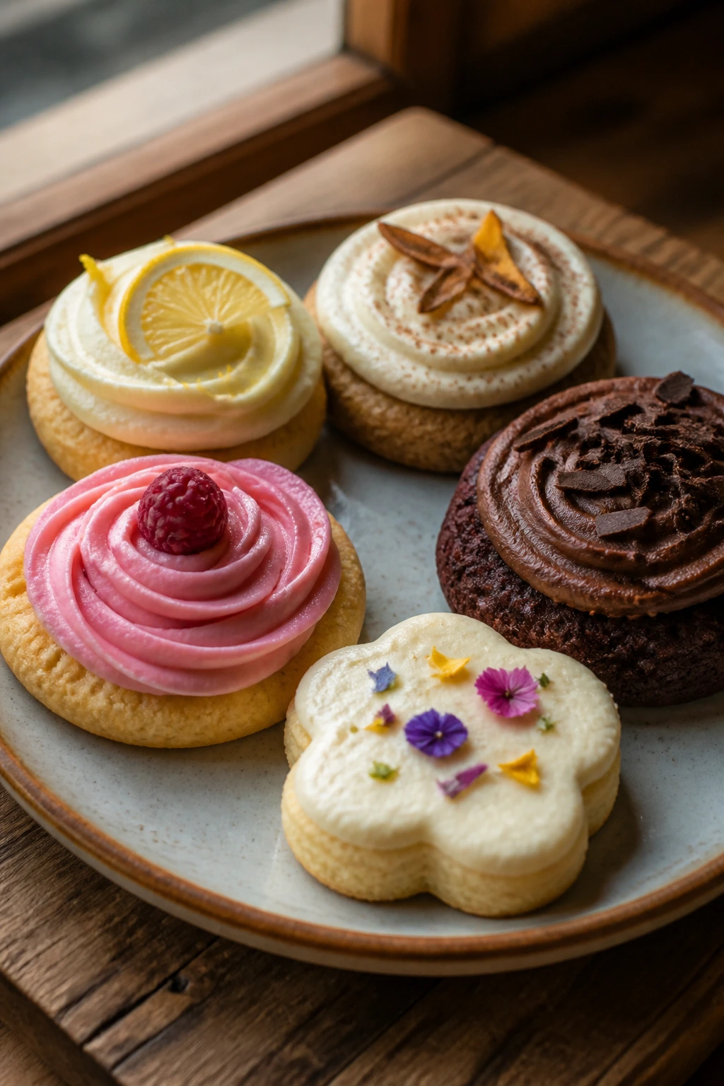 Close-up plate of assorted cookies with lemon, spice, chocolate, berry pink frostings on a wooden board