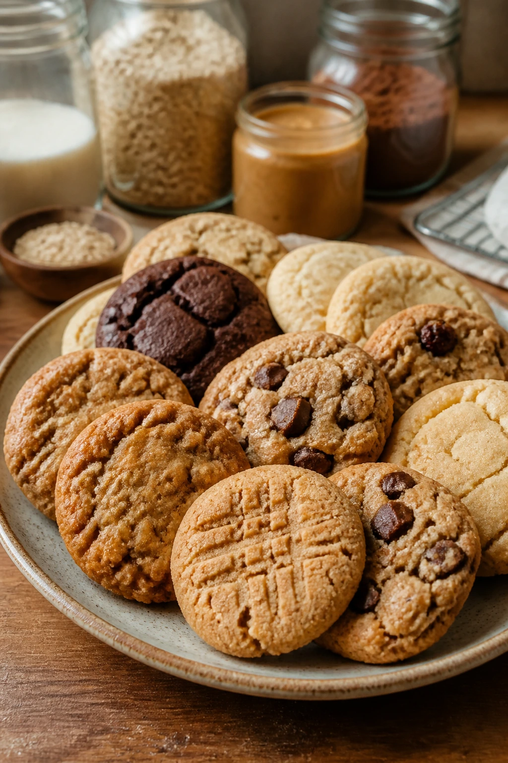 Close-up of a rustic plate with assorted pantry-friendly cookies in a warm kitchen