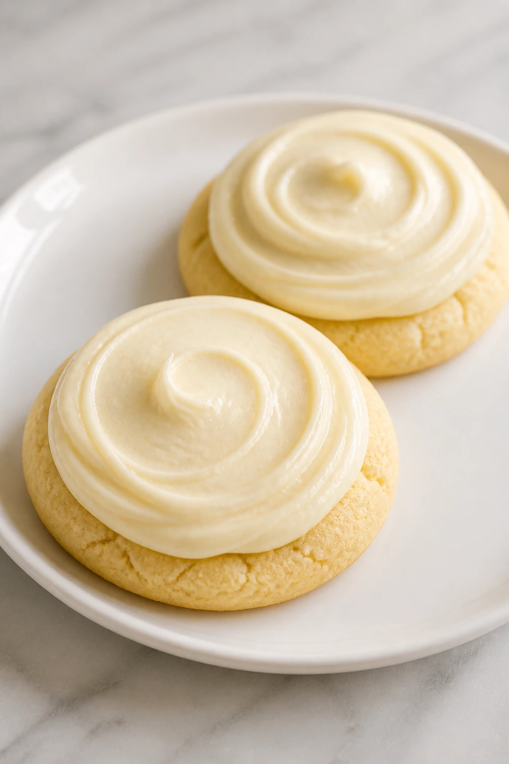 Two frosted cookies neatly presented on a plate