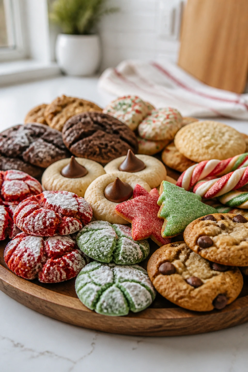 Close-up of assorted holiday cookies on a wooden serving board in a sunny kitchen