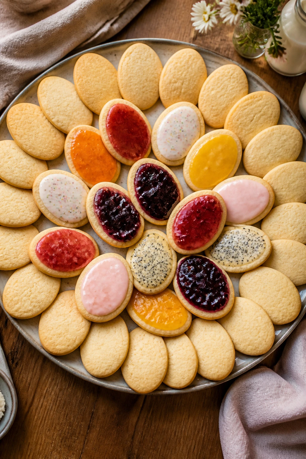 Top-down platter of egg-shaped cookies with jam/glaze variations ready to serve