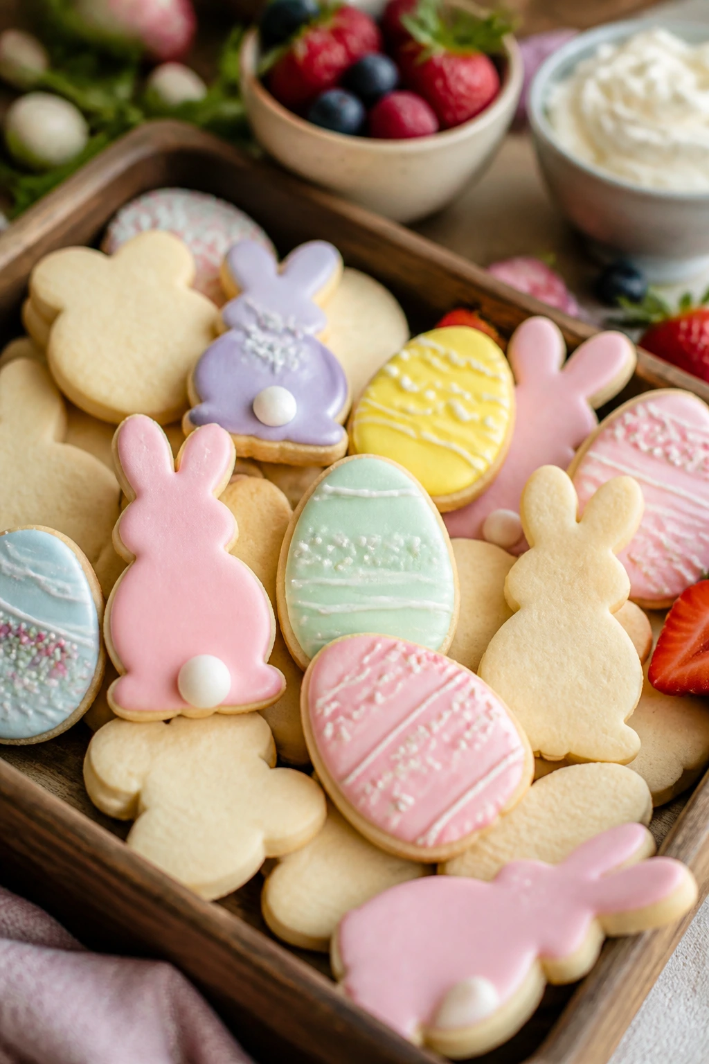 Serving tray of Easter cookies on a wooden board