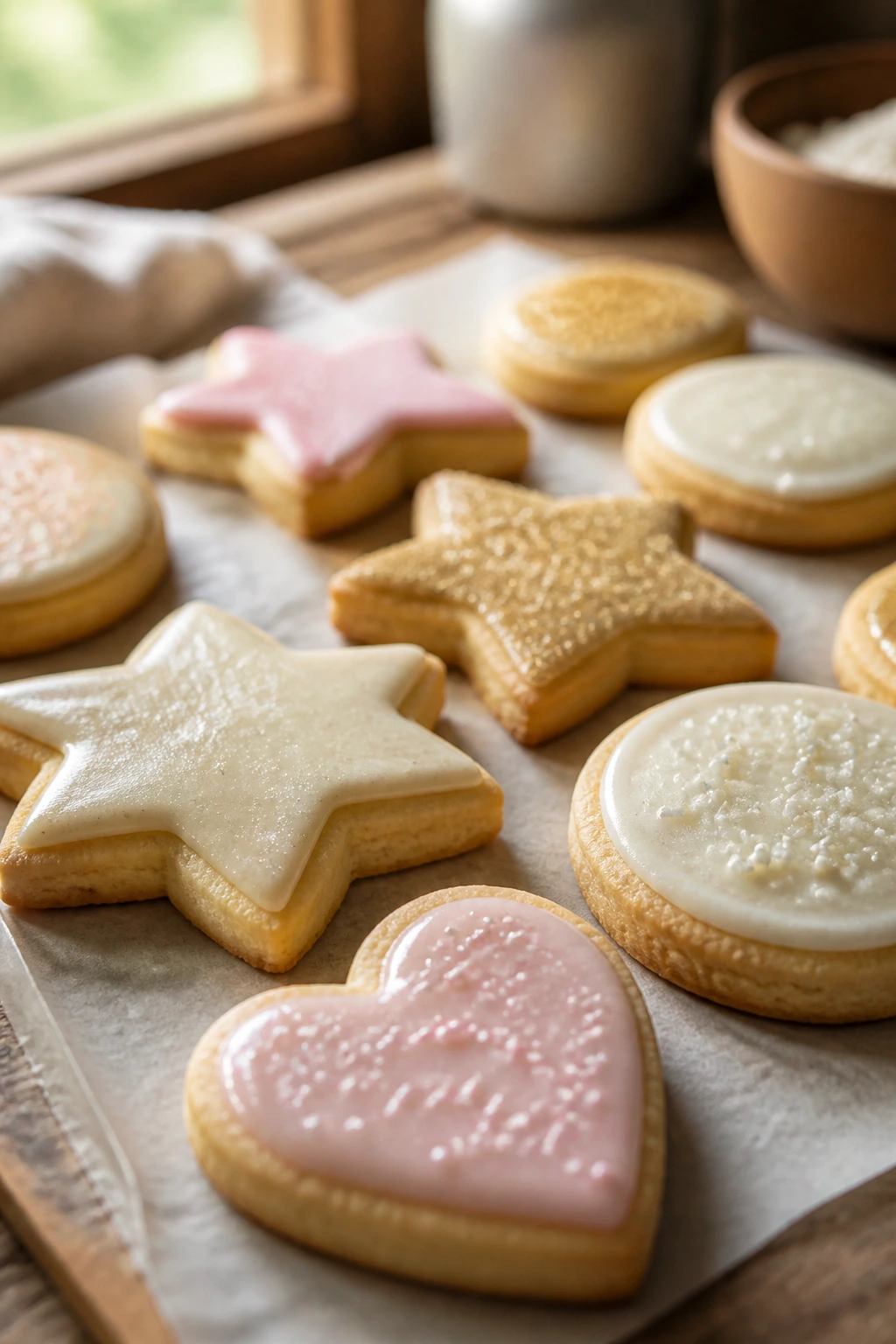 Close-up of assorted cookie shapes with soft centers on parchment in a cozy kitchen