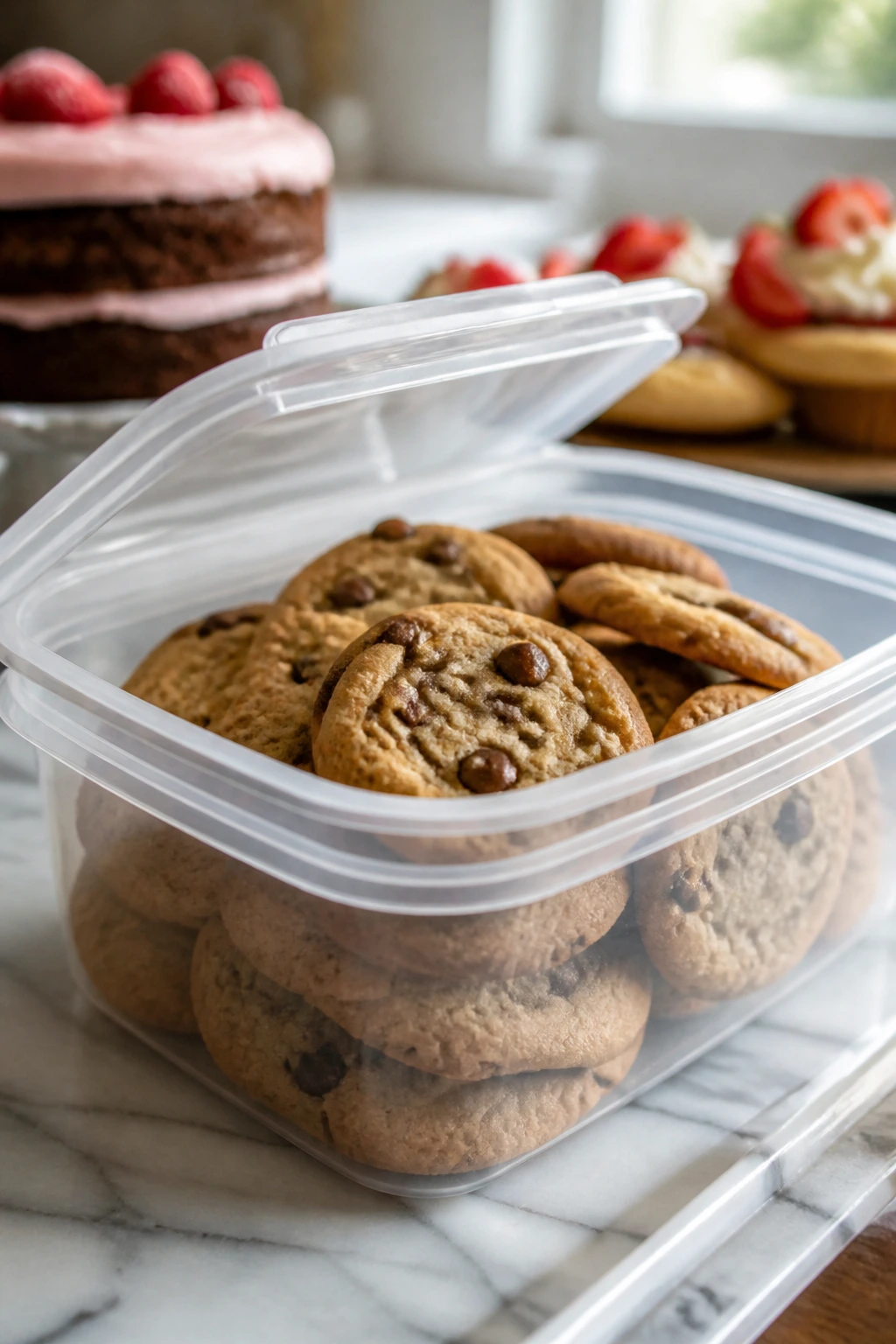 Open airtight container filled with cookies on a kitchen counter