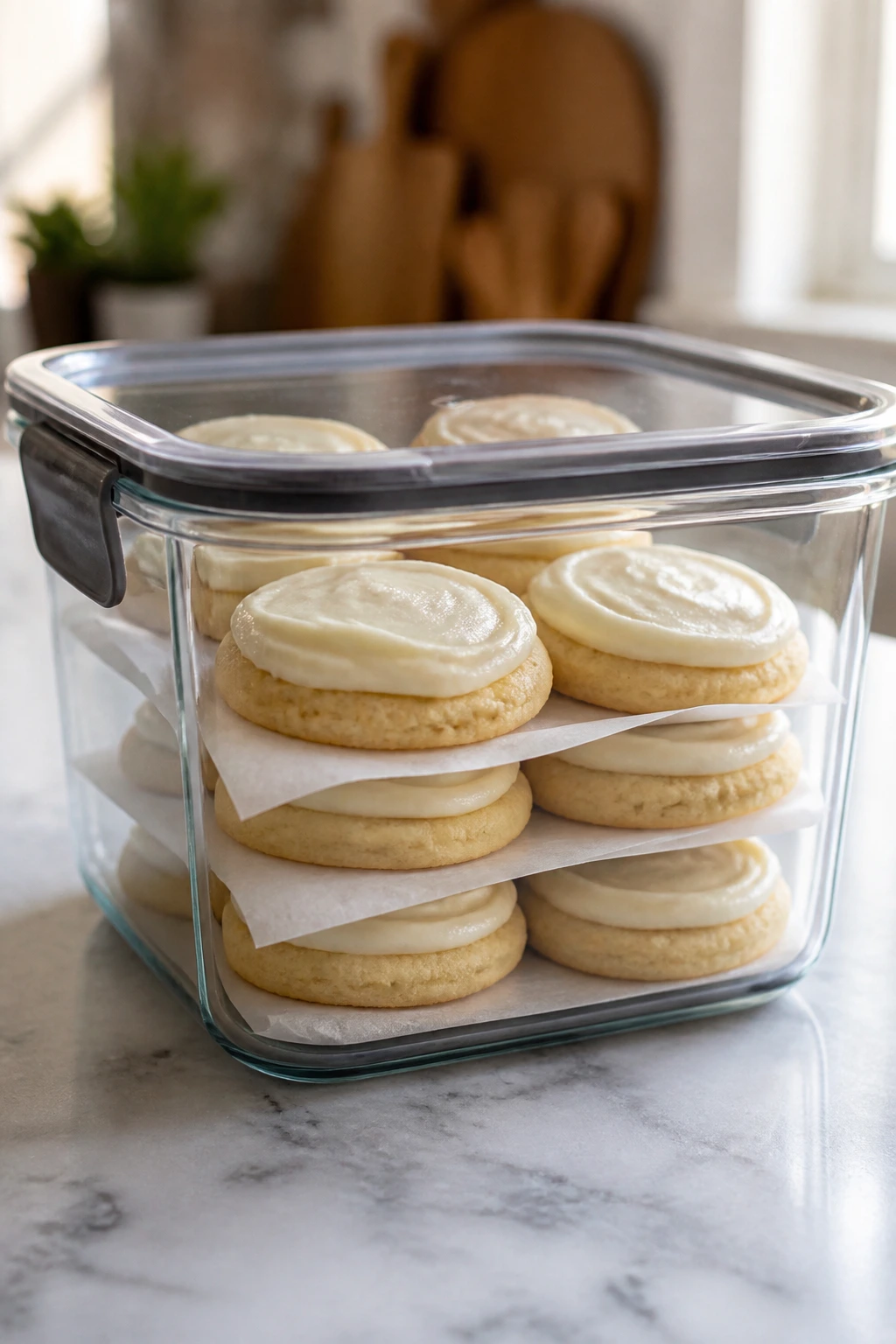 Cookies stored in a glass container with parchment между layers in a cozy kitchen