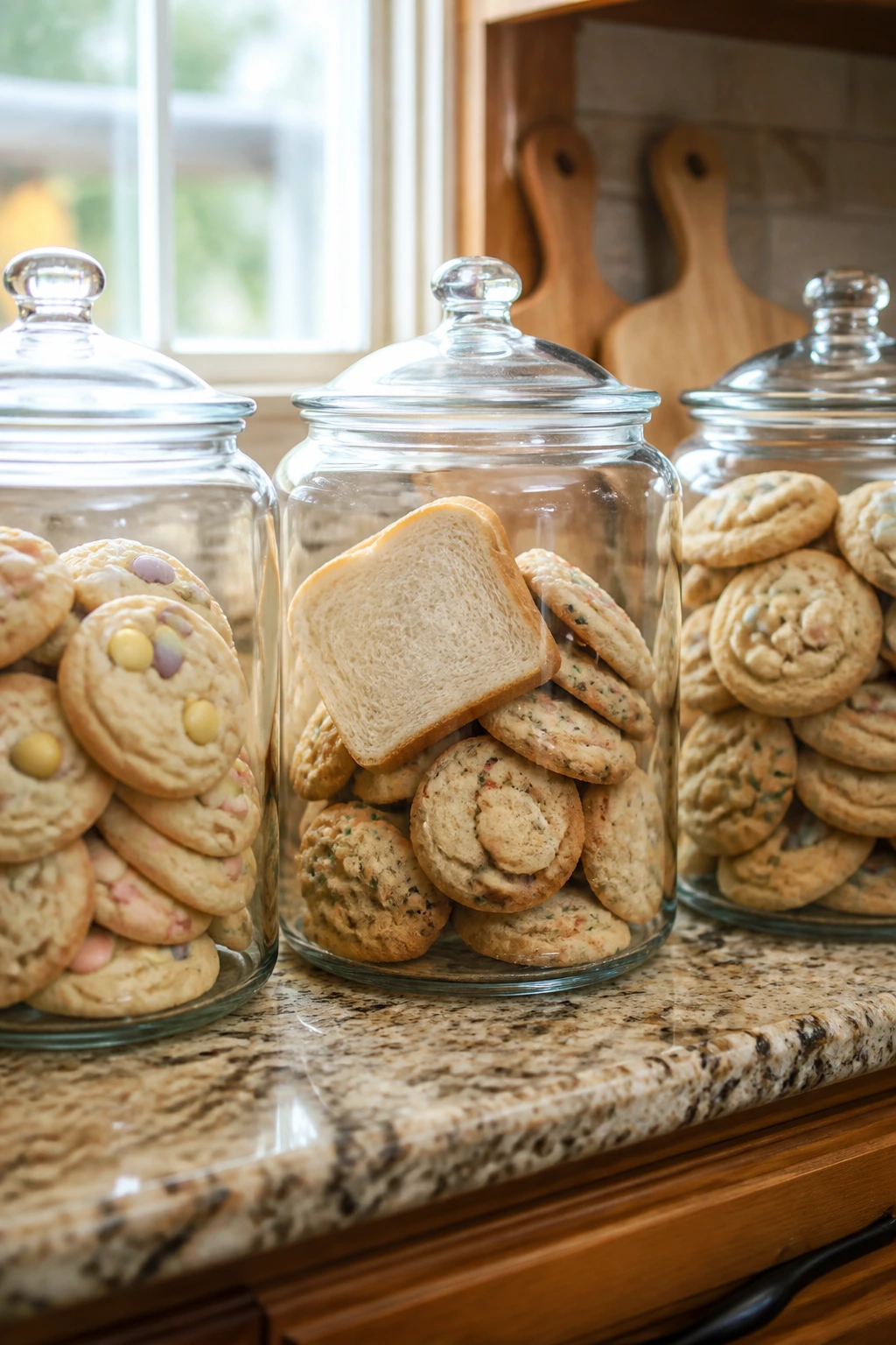 Close-up of glass cookie storage jars with soft Easter cookies in a kitchen; bread slice visible in one jar