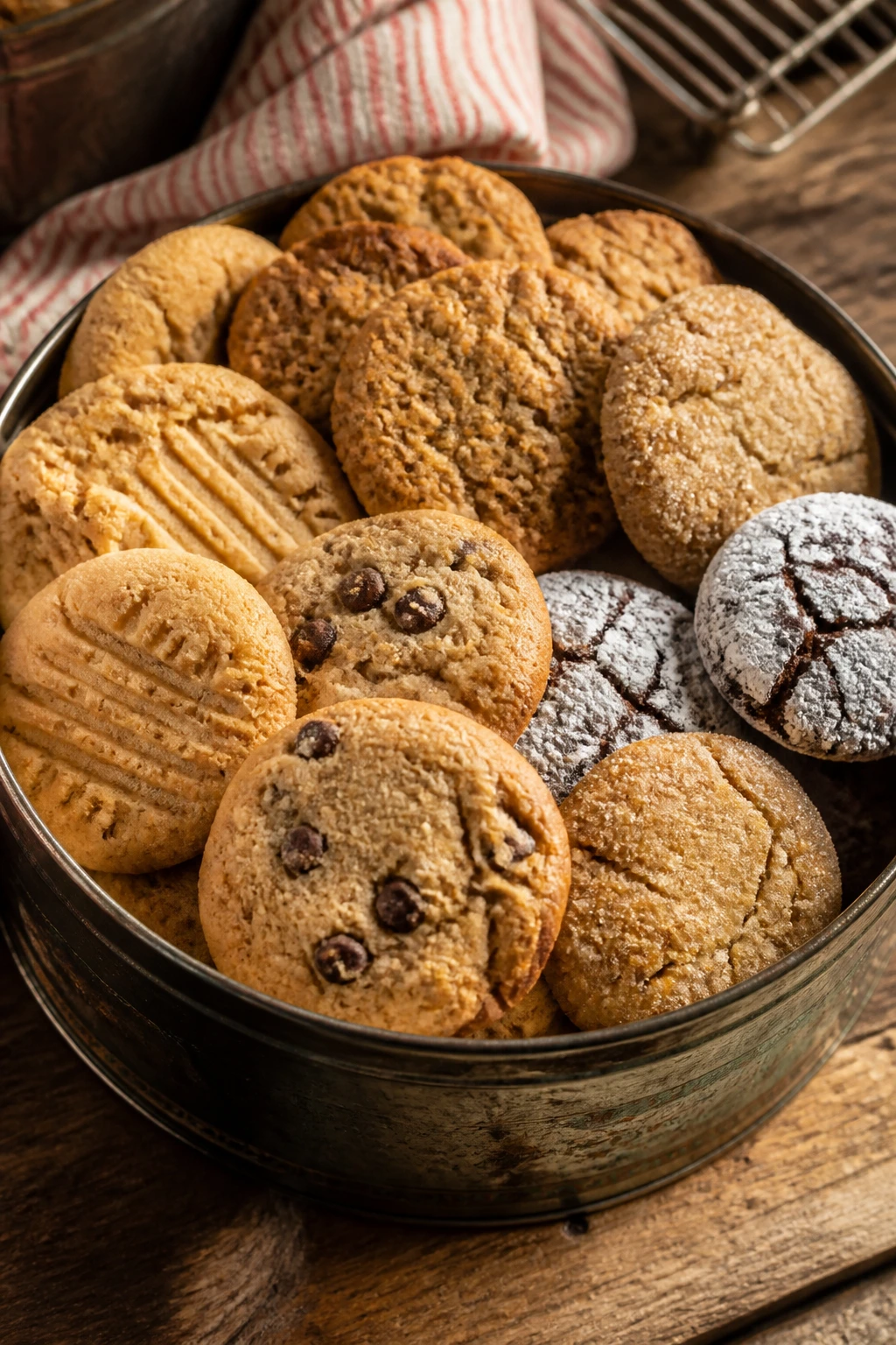 Tin full of assorted cookies on a rustic kitchen counter.