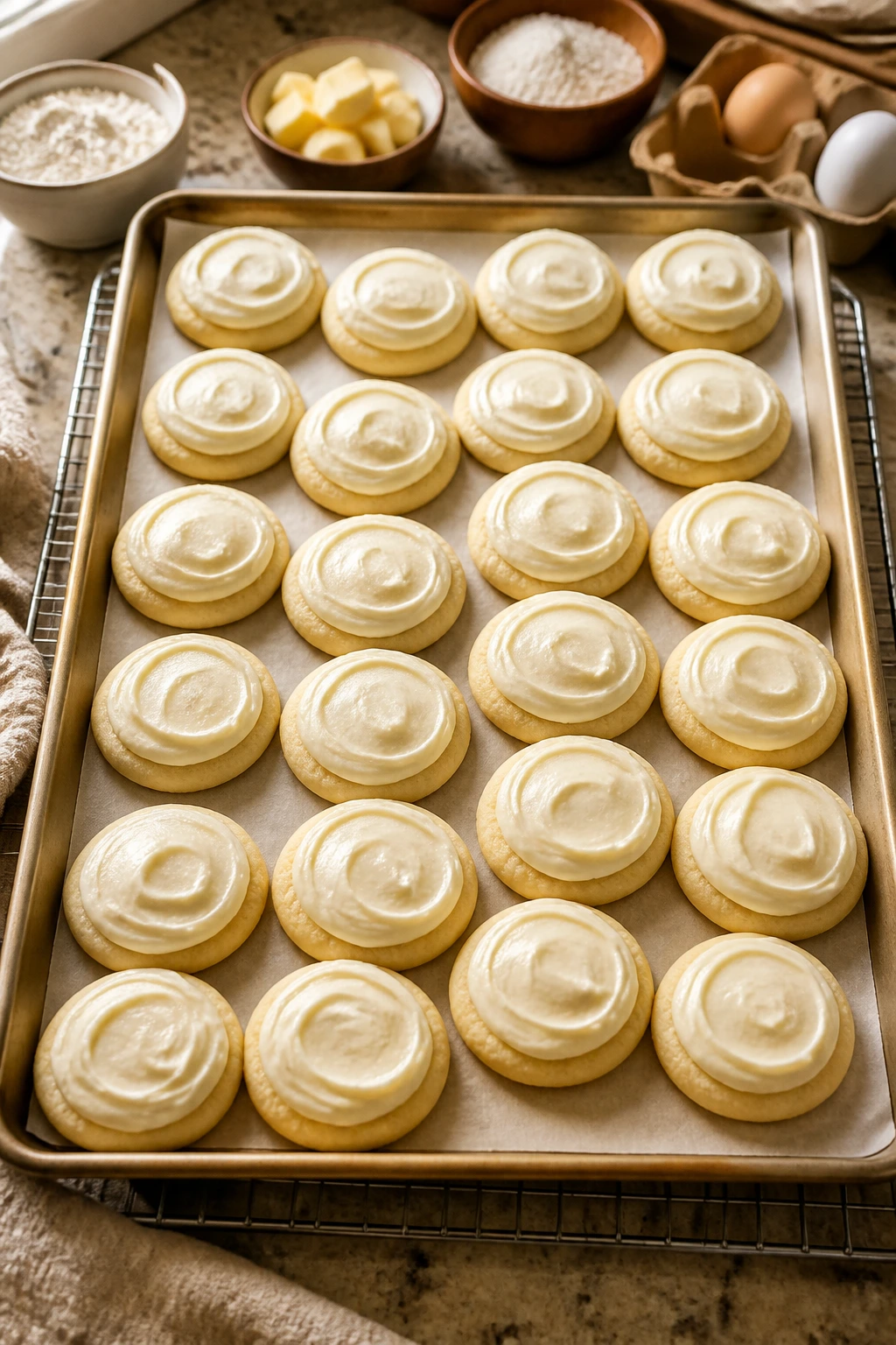 Tray of cookies on parchment filling the frame