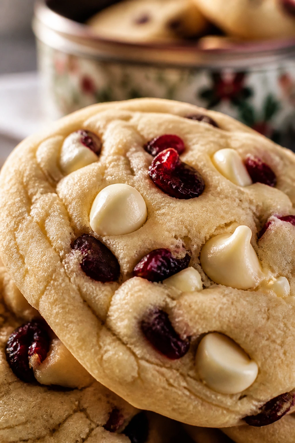 Close-up of pale white chocolate cranberry cookie on a kitchen counter