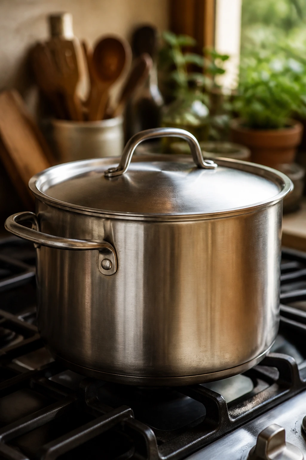 Close-up of a large cooking pot with lid on a stove