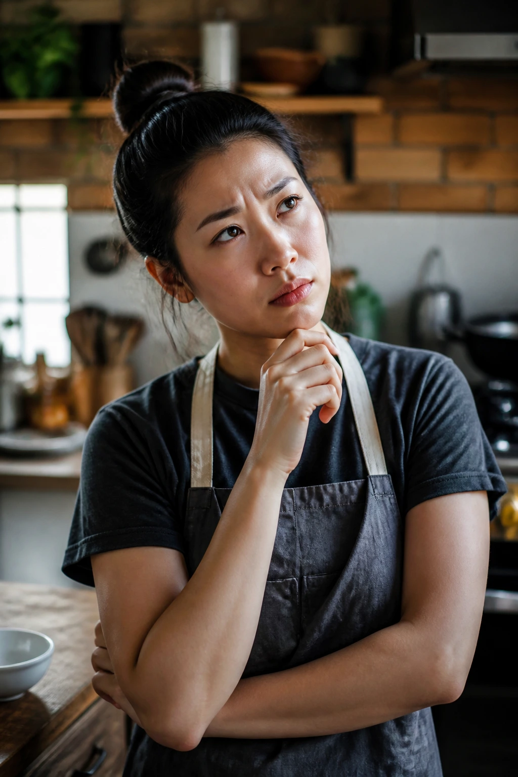 Portrait of a real person in a kitchen thoughtful about sticky Chinese cooking.