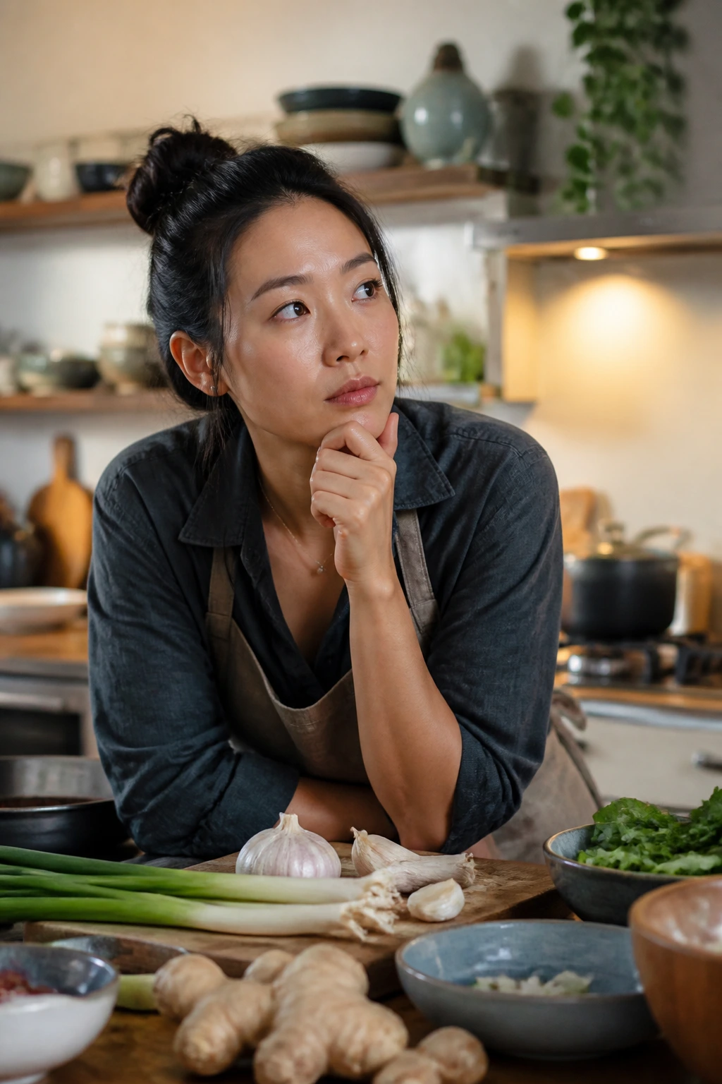 Portrait of a real person thinking in a kitchen before cooking