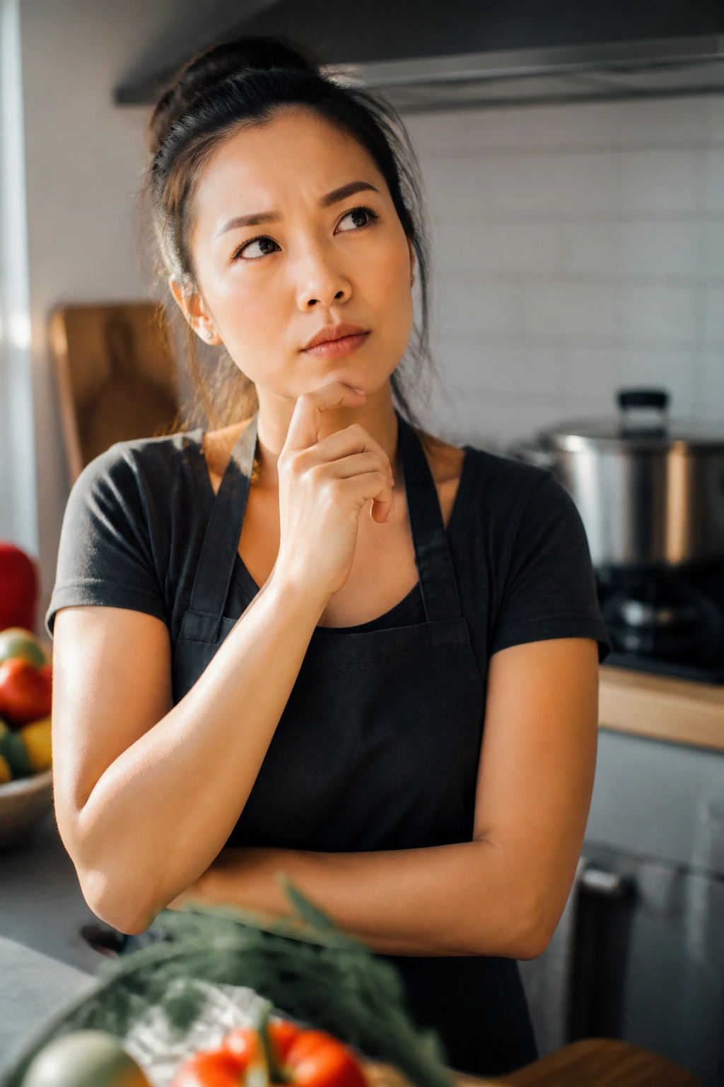 Portrait of a person in kitchen thinking about cooking questions