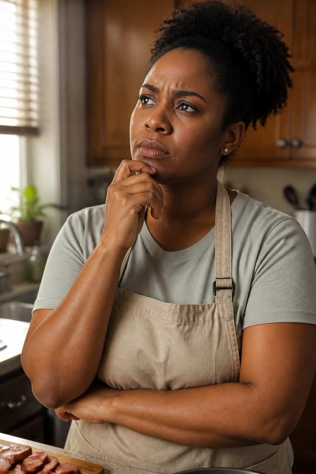 Thoughtful real-person kitchen portrait suggesting cooking questions