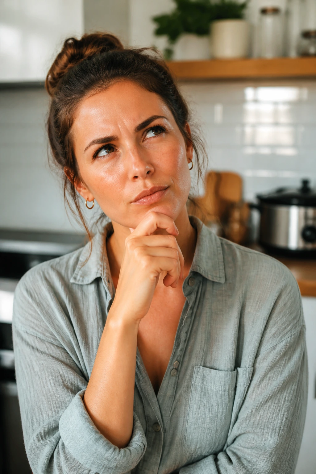 Close-up portrait of a real person in a kitchen with a thoughtful expression